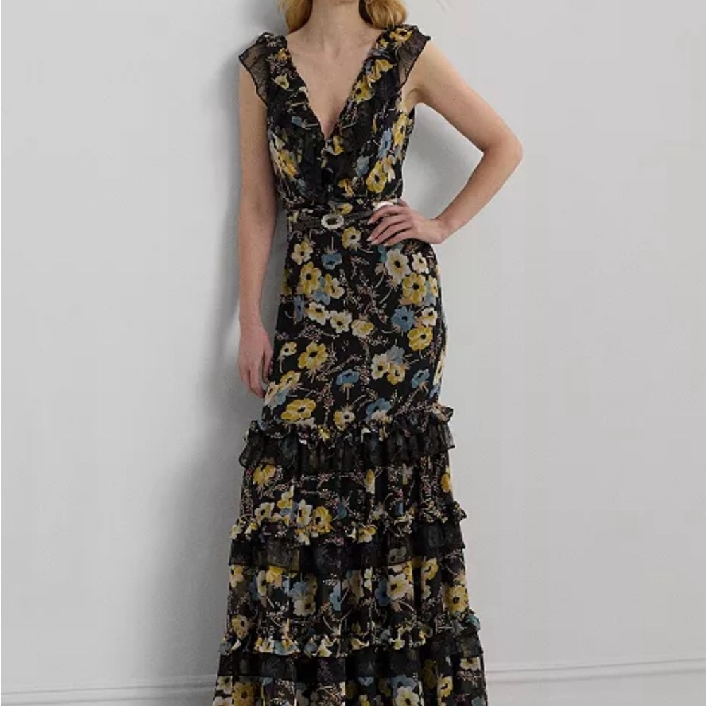 Lauren Ralph Lauren Yellow and Gold Tiered Maxi Gown